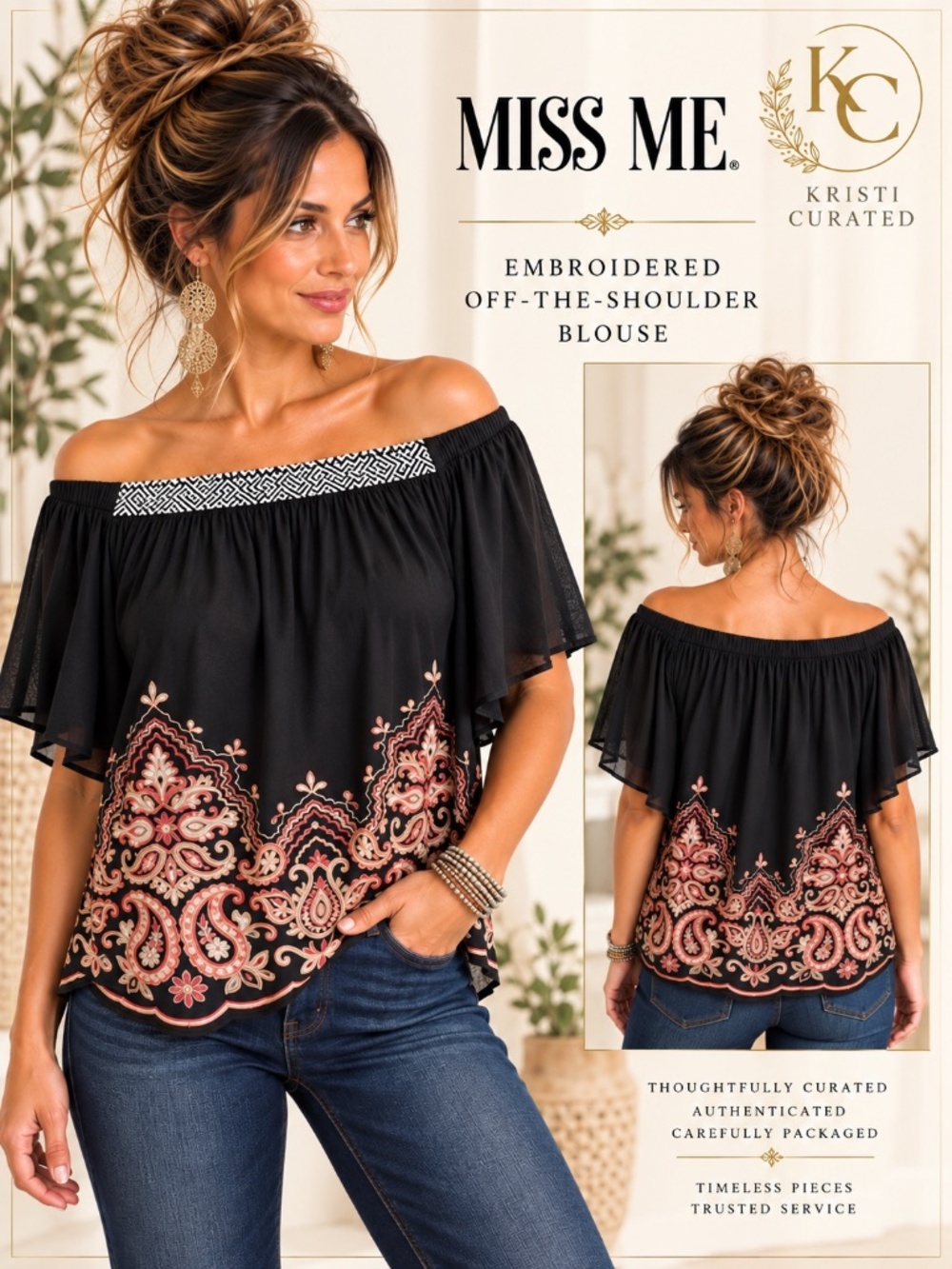 Miss Me Embroidered Off Shoulder Blouse Black Boho Flutter Sleeve Small